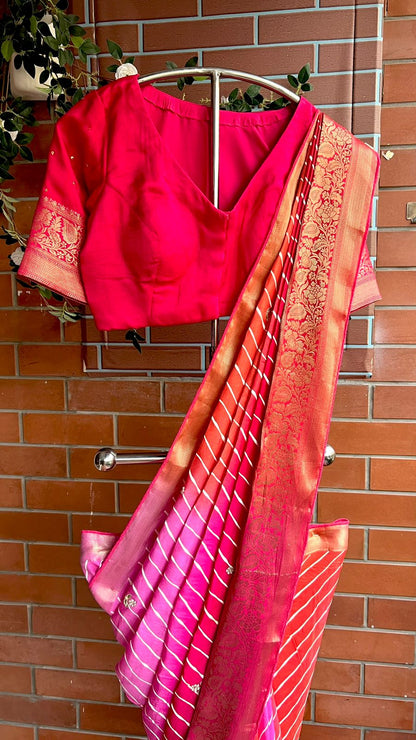 Chinnon silk multi colour hand made saree & blouse