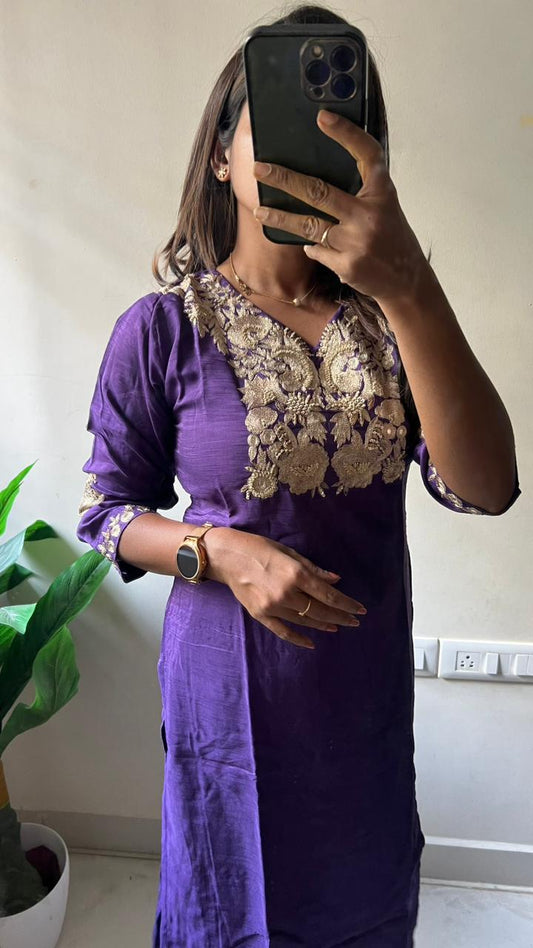 Purple rayon embroidery 3 piece kurti suit