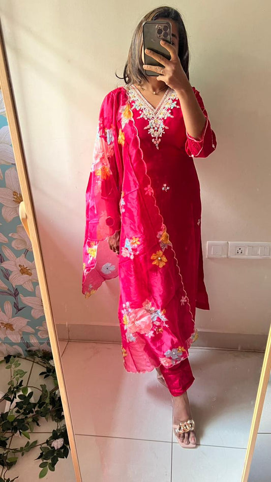 Pure rayon pink embroidery 3 piece kurti suit