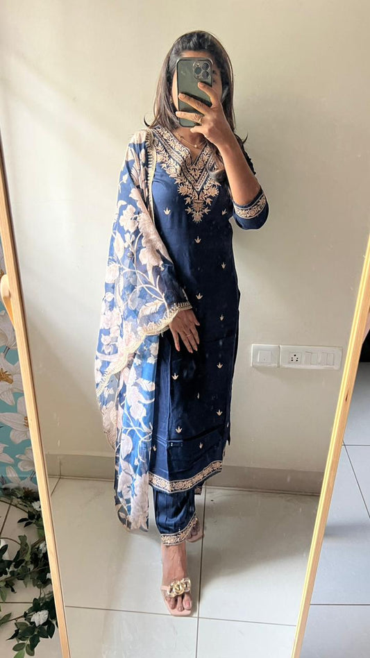 Midnight blue rayon embroidery 3 piece kurti suit