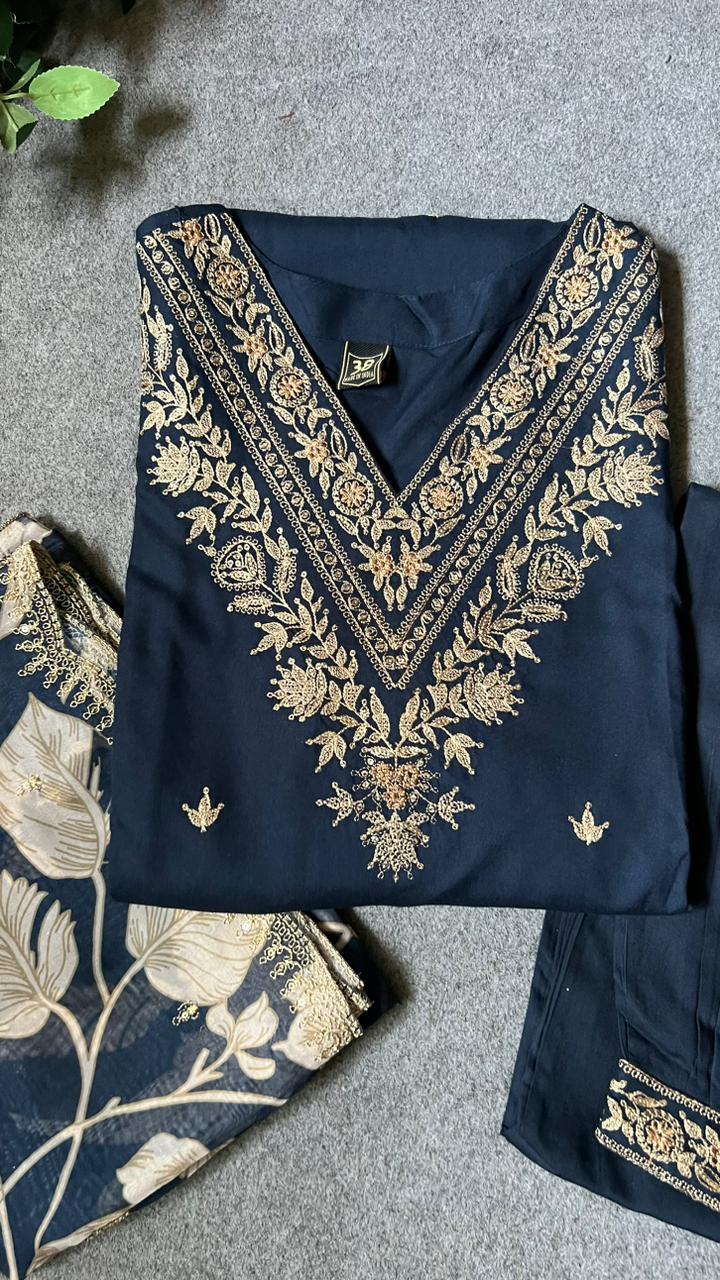 Midnight blue rayon embroidery 3 piece kurti suit