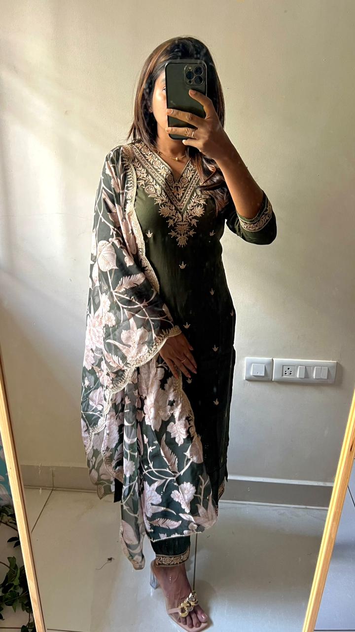 Mehandi green rayon silk embroidery 3 piece kurti suit