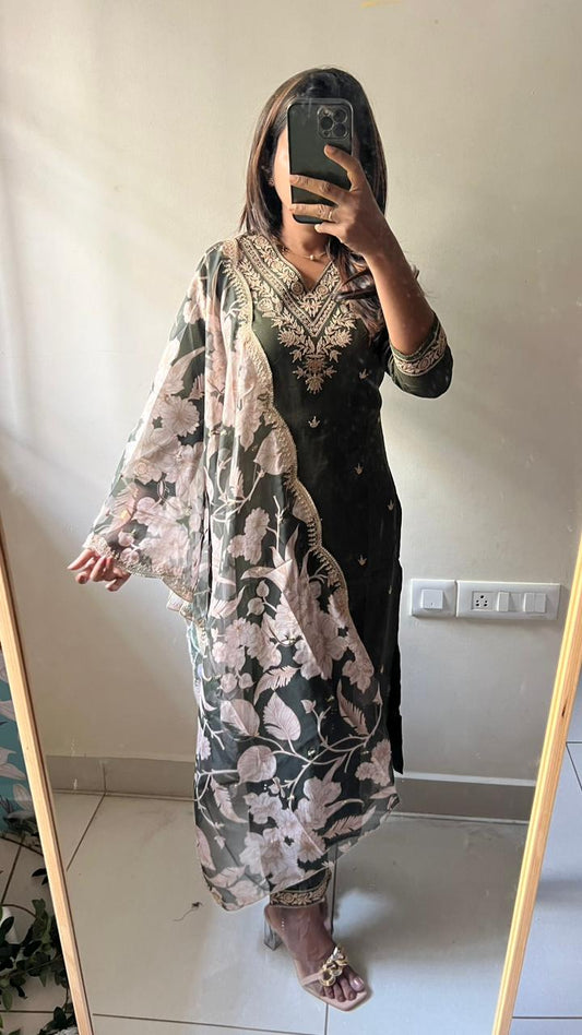 Mehandi green rayon silk embroidery 3 piece kurti suit