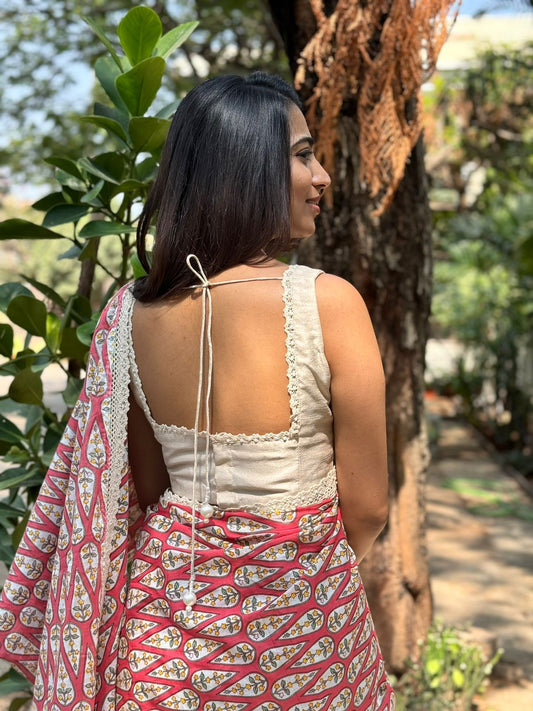 Pink cotton saree with half white embroidery blouse