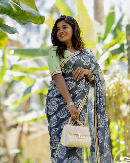 Grey chiffon printed saree with pista hand work blouse