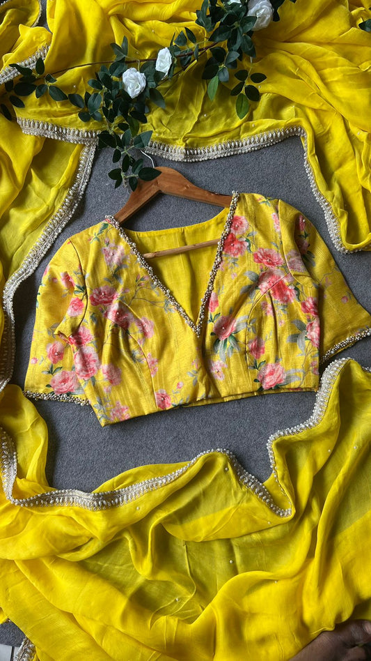Yellow pearl hand worked blouse