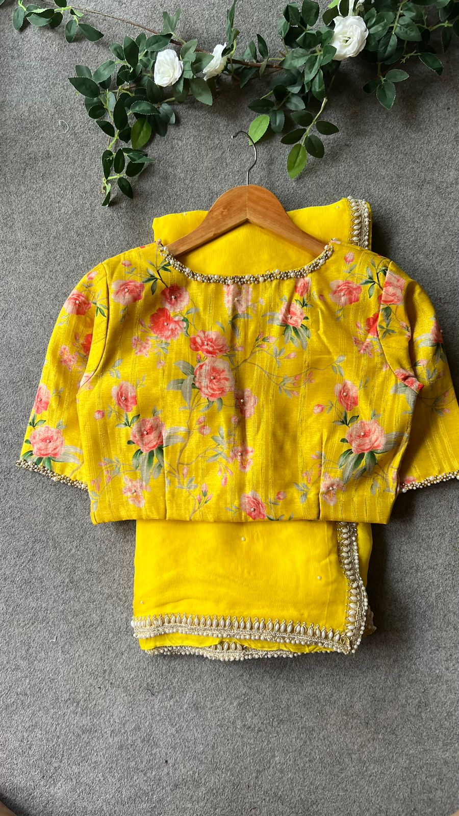 Yellow pearl hand worked blouse