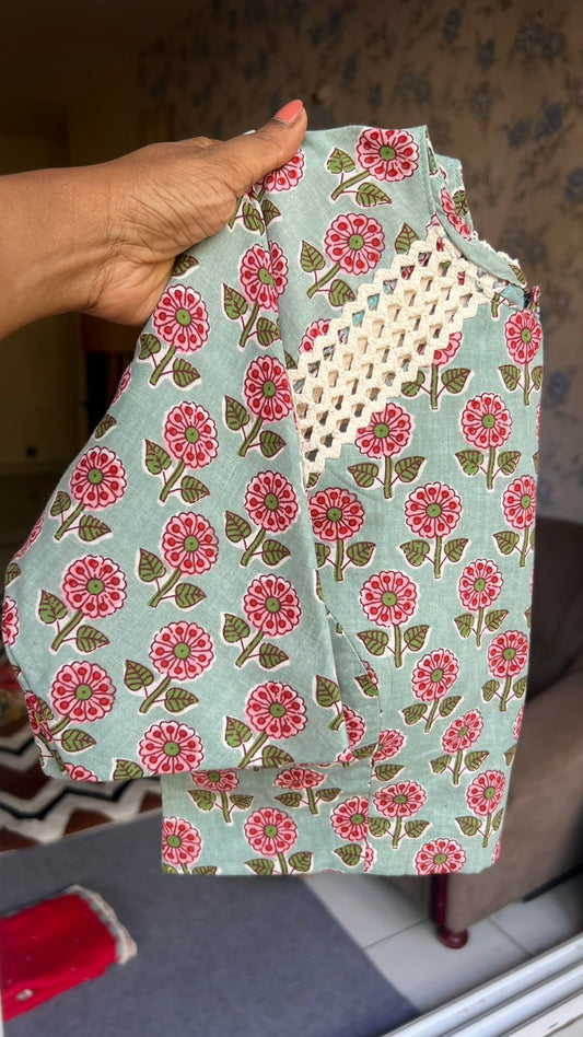 Pista green cotton hand printed blouse