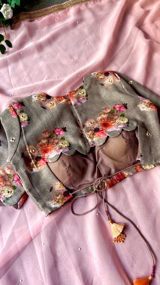 Pink georgette saree with linen mirror work blouse