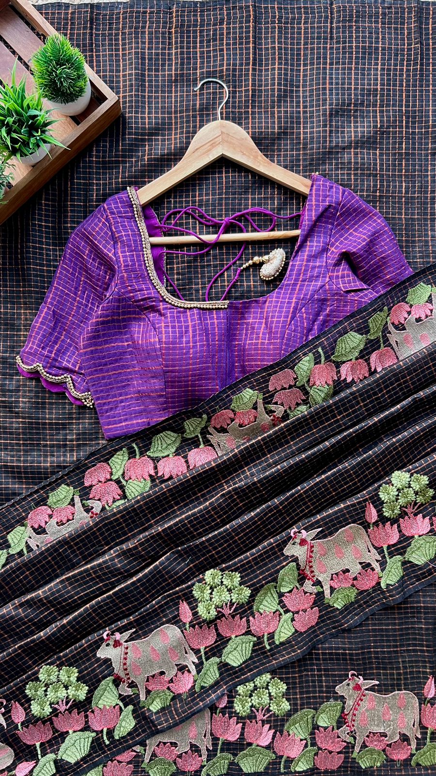 Black checked saree with purple hand work blouse – Threads