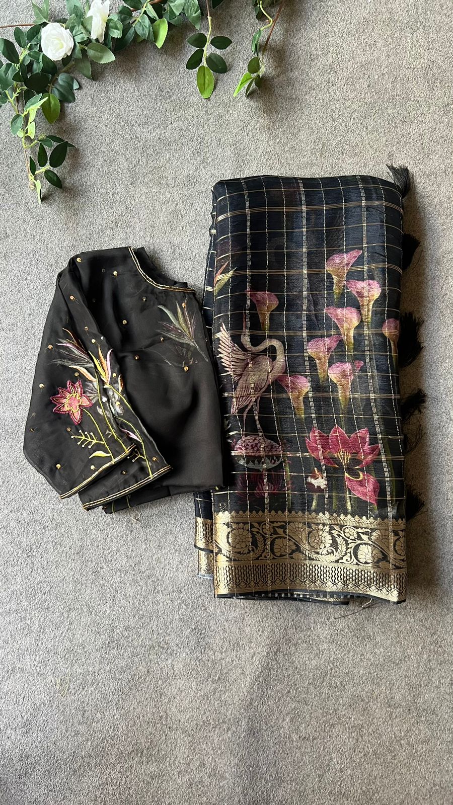 Black organza silk hand embroidery work blouse