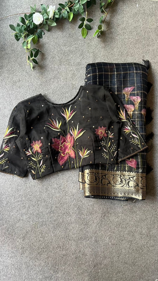 Black organza silk hand embroidery work blouse