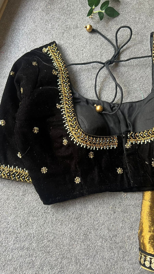 Black velvet Jewel neck hand work blouse (only blouse)