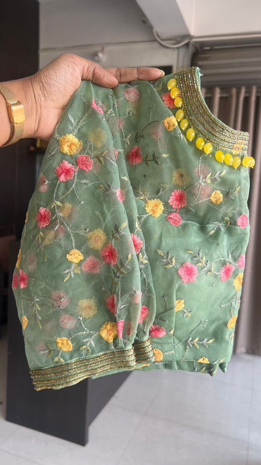 Green organza embroidery hand worked blouse