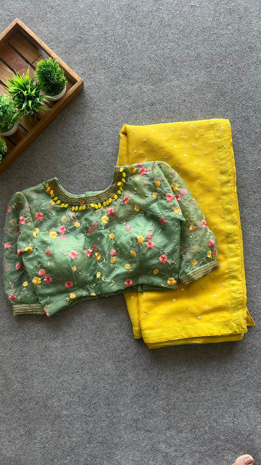 Green organza embroidery hand worked blouse