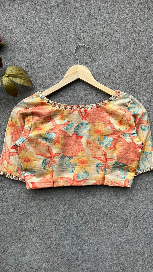 Silk orange floral hand work blouse