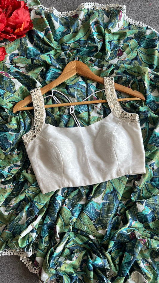 Green floral cotton saree with embroidery border (only saree)