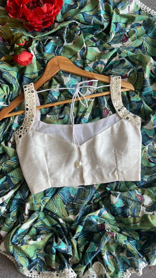 Green floral cotton saree with mirror worked blouse