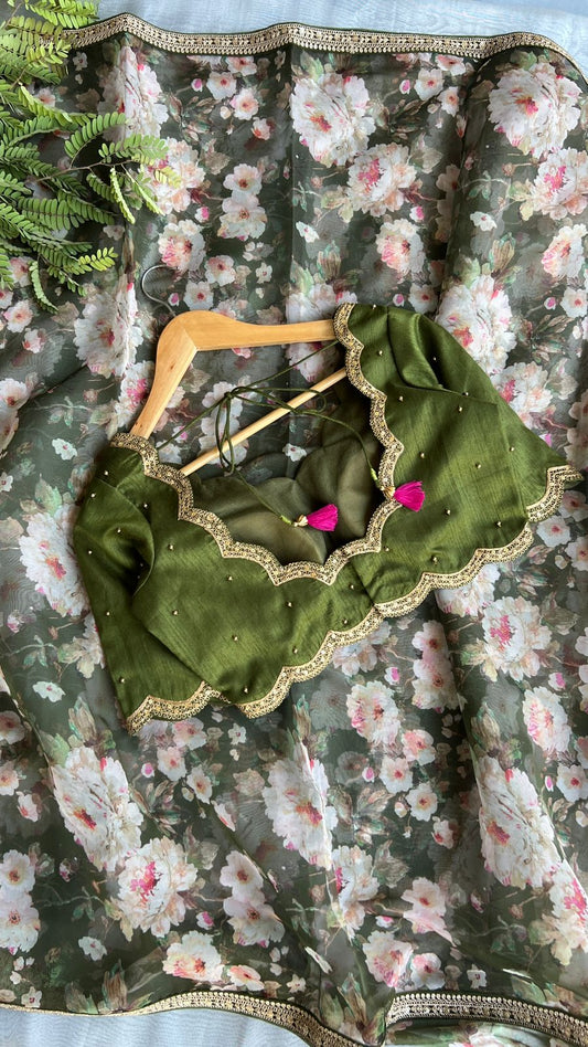 Green floral organza saree with mehandi embroidered blouse