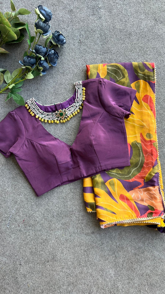 Purple jewel neck hand work blouse (only blouse)