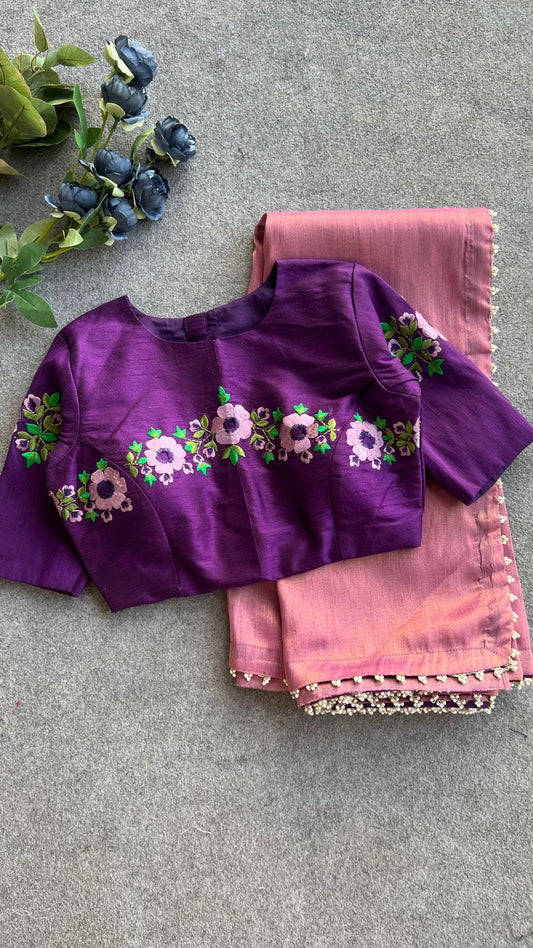 Purple silk embroidery work blouse