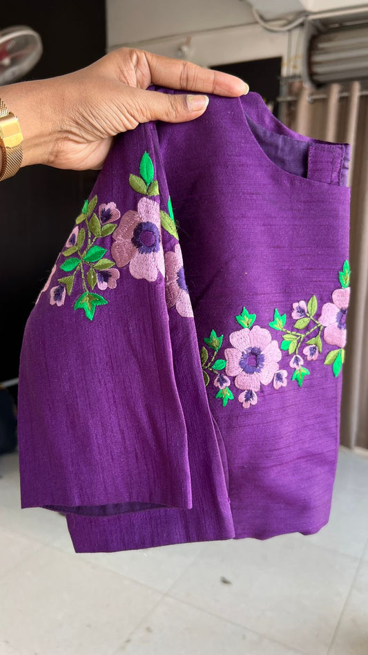 Pink tissue saree with purple embroidery work blouse