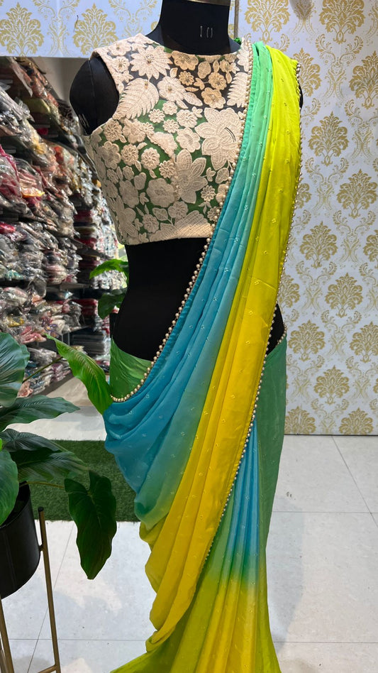 Chinnon multi saree with embroidery work blouse