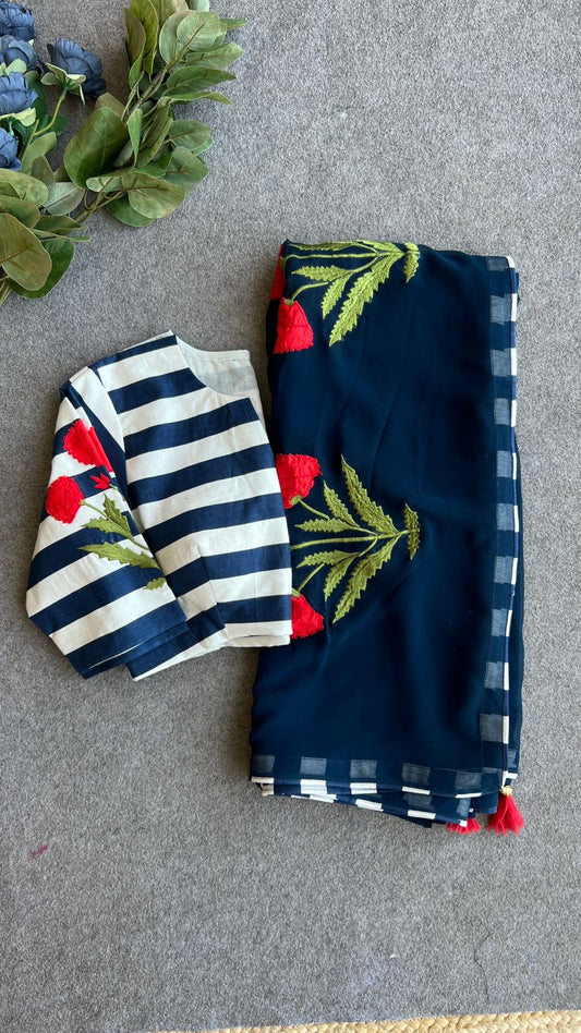 Blue & white stripe cotton embroidery blouse