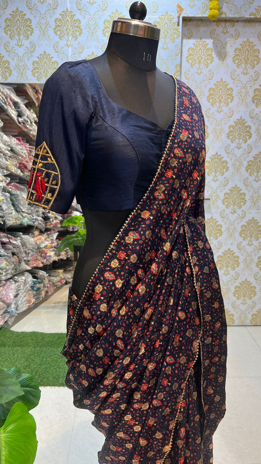 Navy blue floral binni silk saree with hand work blouse