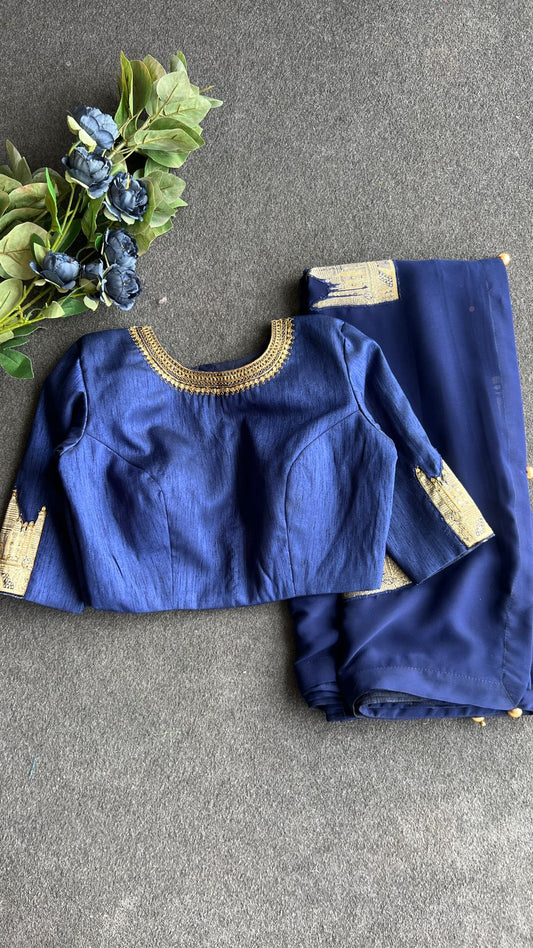 Blue georgette saree with taj embroidery work blouse