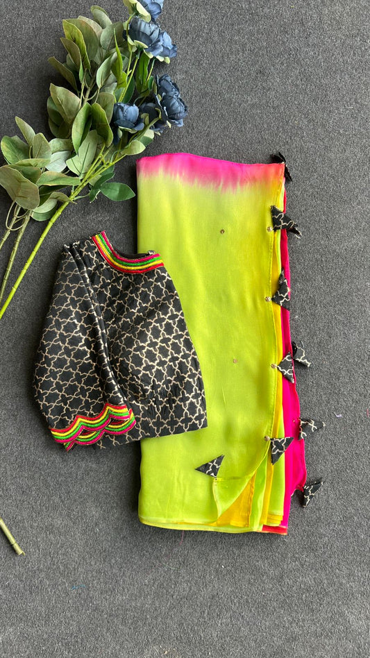 Pink & lemon chinnon saree with black embroidery work blouse