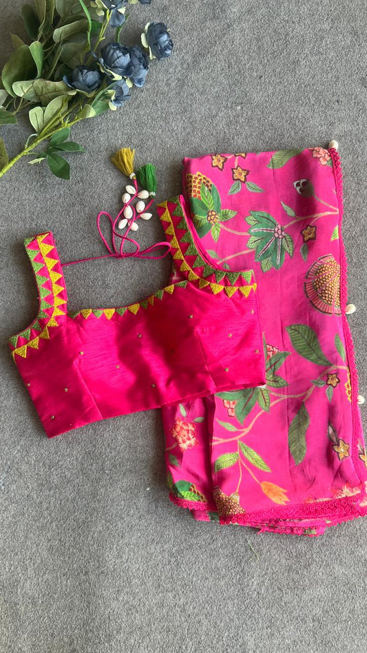 Pink viscose designer saree with hand work blouse