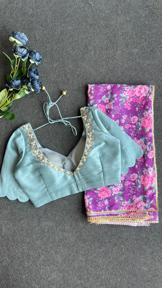 Purple floral georgette saree with hand worked blouse