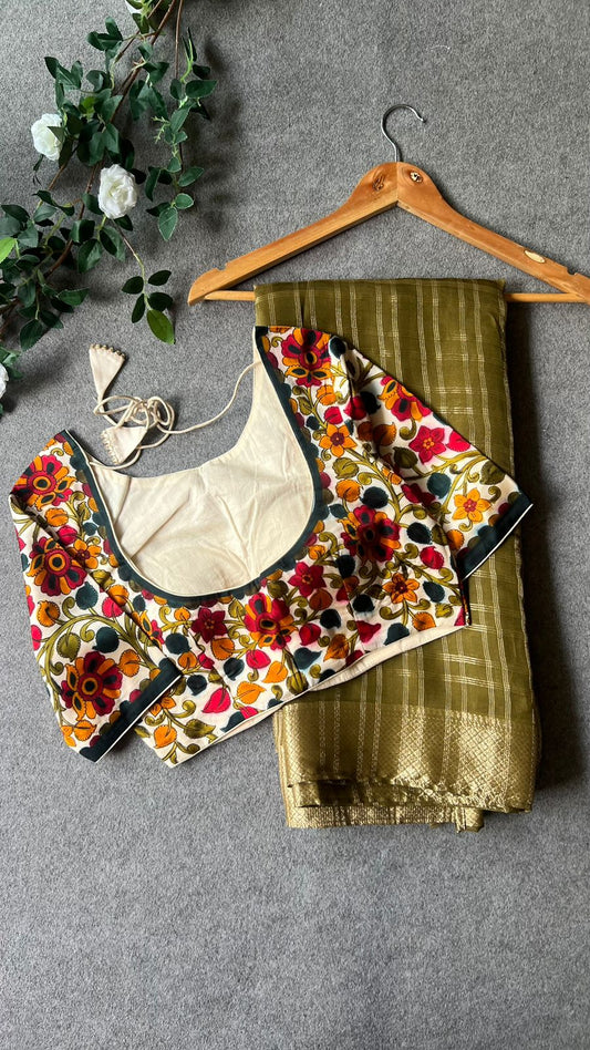 Mehandi green chiffon saree with floral position print blouse