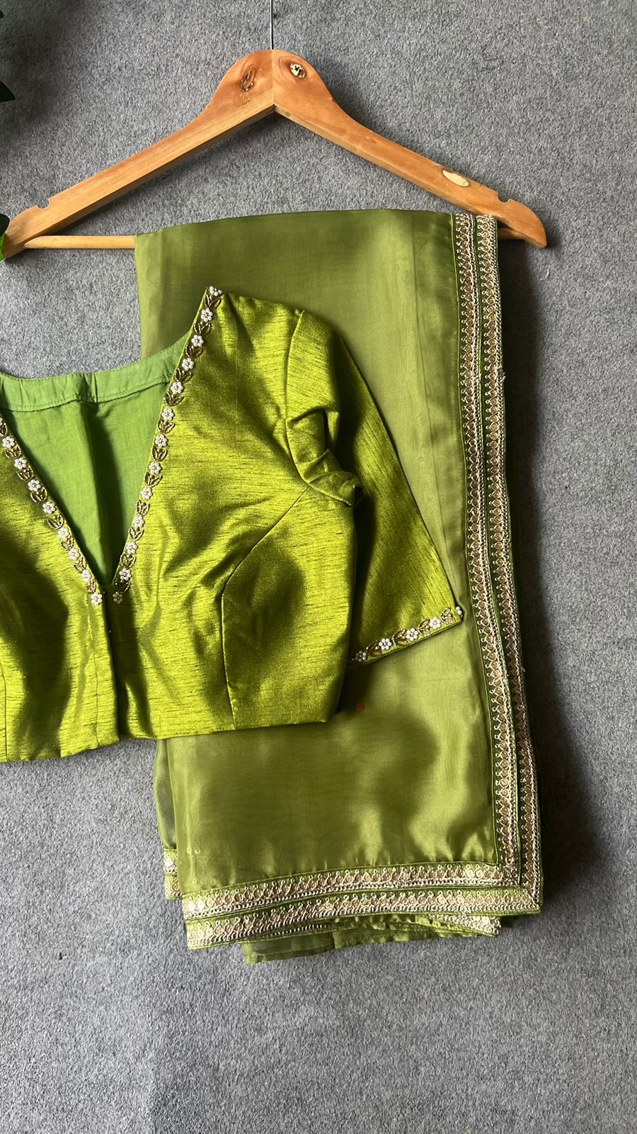 Green soft organza saree with hand worked blouse