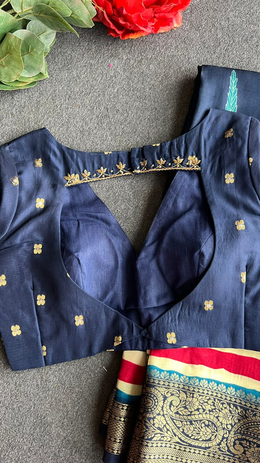 Blue silk printed saree with hand worked blouse
