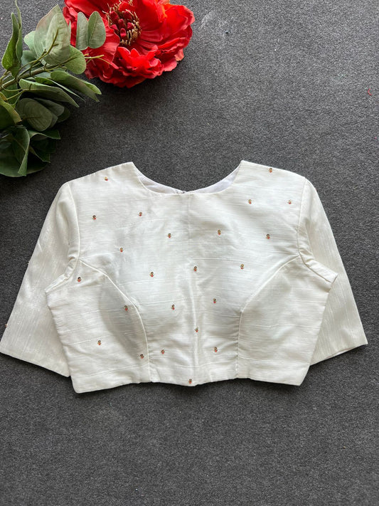 Half white silk intricate back hand work blouse