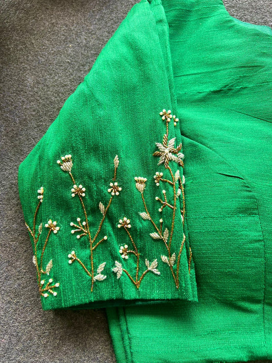 Green silk sleeves hand work blouse