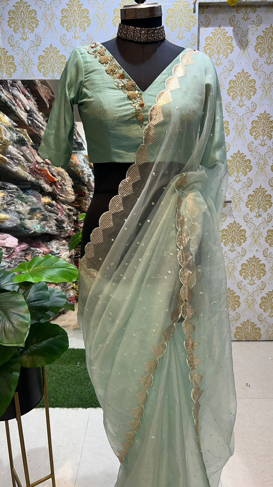 Cyan blue organza Saree with Handmade Blouse