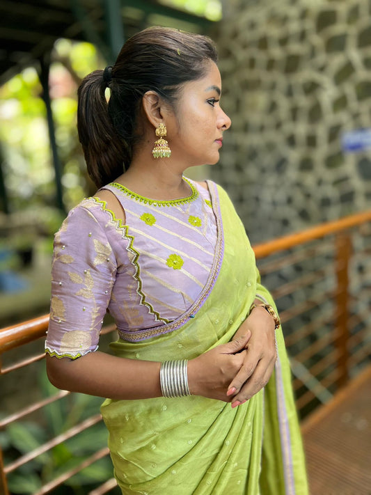 Green jute saree with lavender hand worked blouse