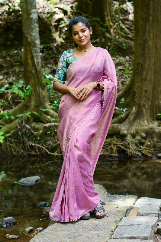 Pink tissue saree with floral velvet hand worked blouse