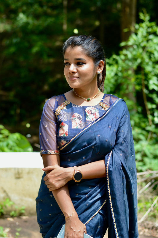 Navy blue jute saree with heavy hand worked blouse
