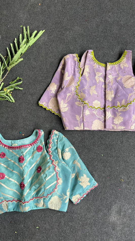 Blue floral jacquard Intricate JEWEL hand work blouse