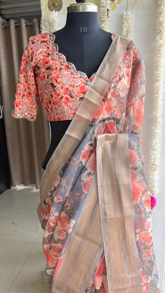 Grey floral organza saree with hand worked blouse