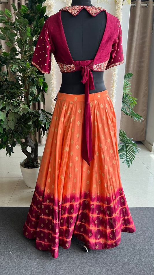 Orange & maroon banarasi hand painted & embroidered lehenga