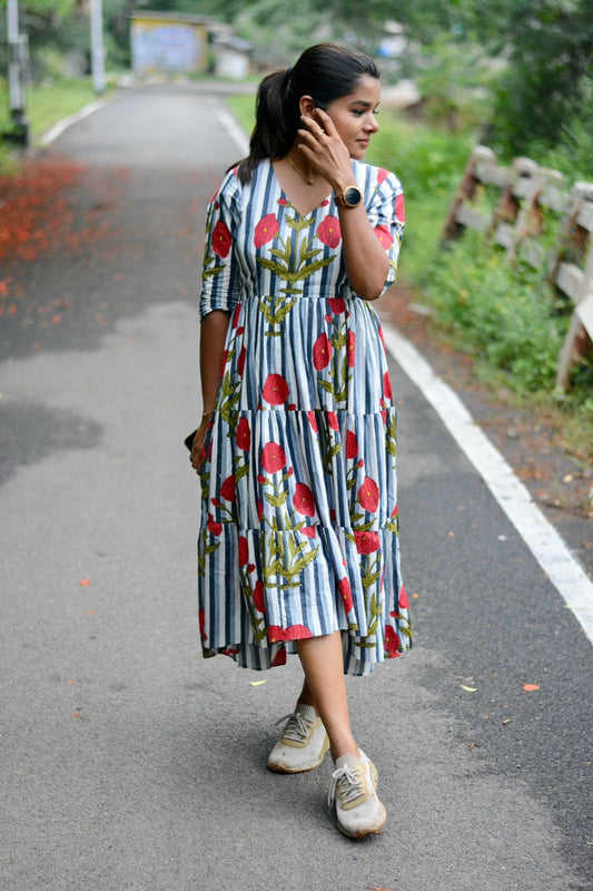Grey & white floral printed 3 layered cotton kurti top