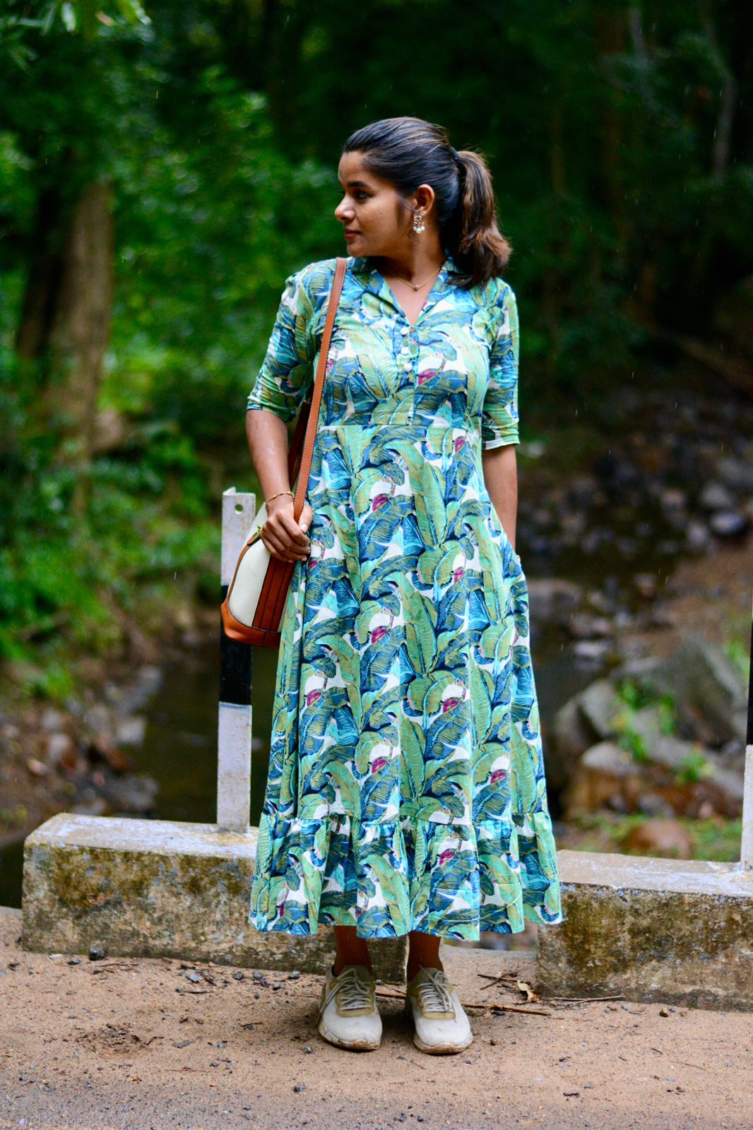 Green floral printed cotton collar kurti top