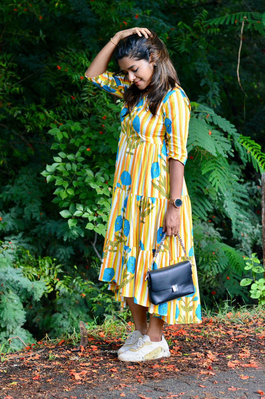 Yellow & white floral printed 3 layered cotton kurti top