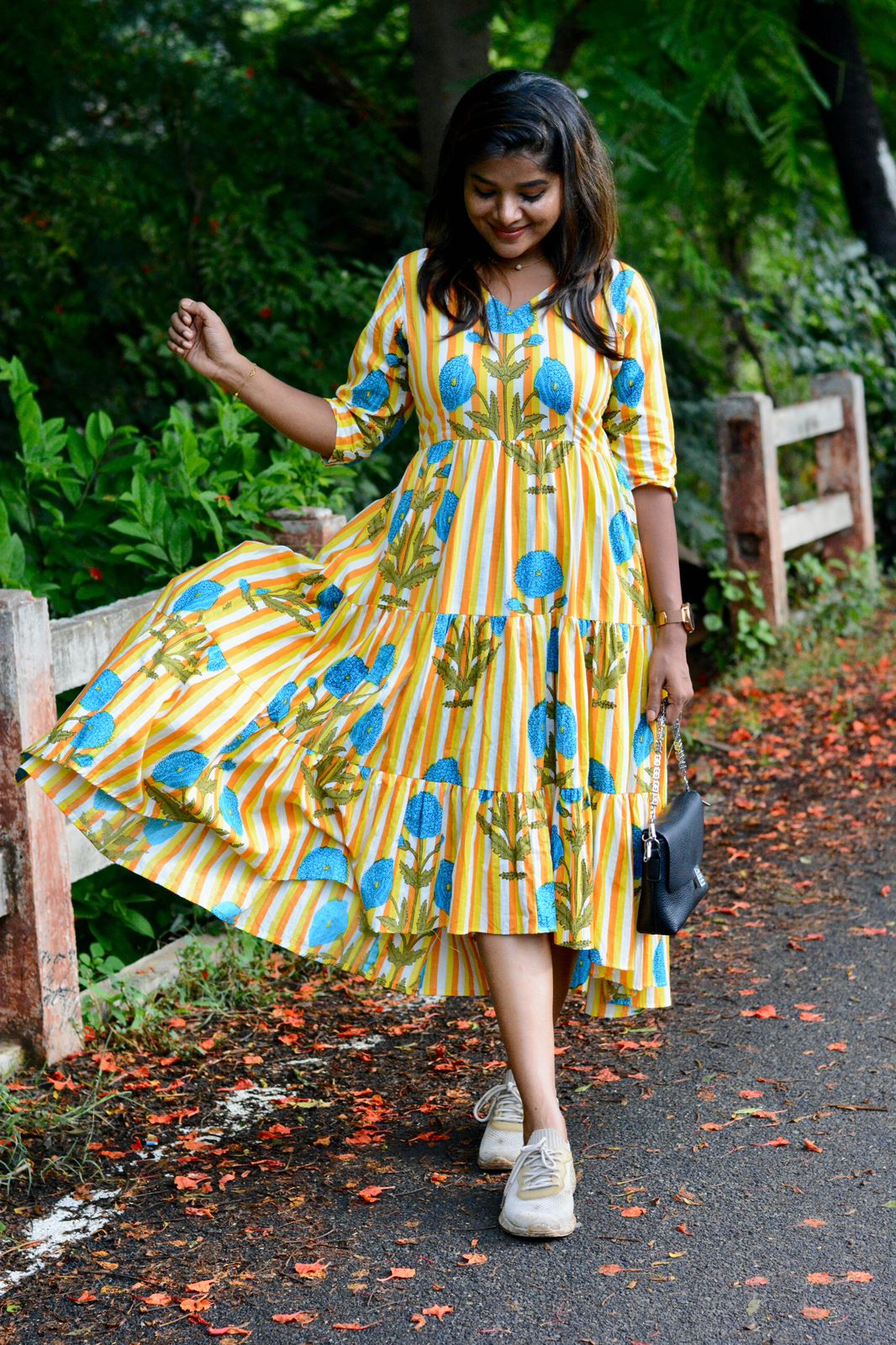 Yellow & white floral printed 3 layered cotton kurti top