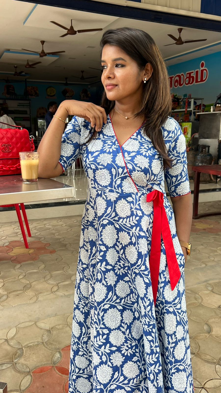 cotton maxi dress for women Blue & white floral printed cotton maxi dress